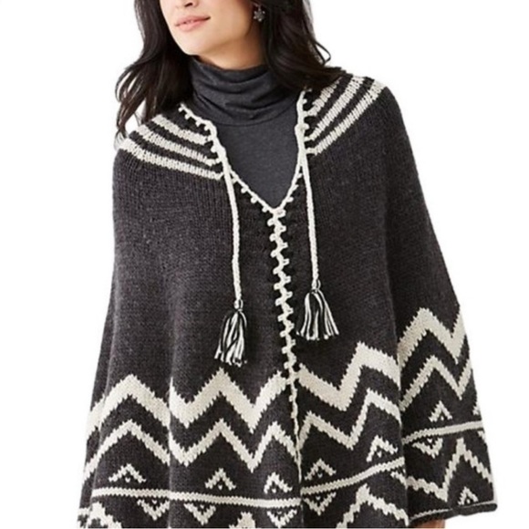 J. Jill Wool Knit Poncho Gray White One Size Boho - Picture 4 of 8